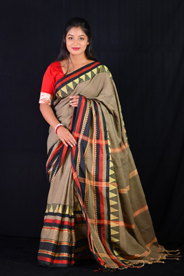 Ahana Textile Self Design Handloom Cotton Linen Saree(Multicolor)