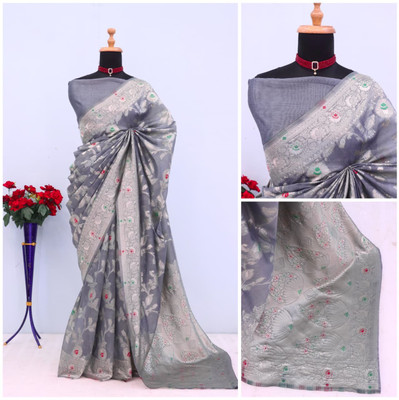 Aviora Floral Print Handloom Cotton Linen Saree(Purple)