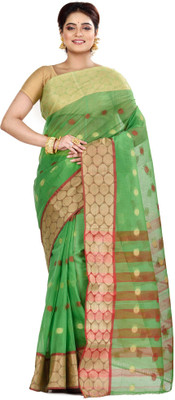 HandloomPD Self Design Tant Pure Cotton Saree(Green)