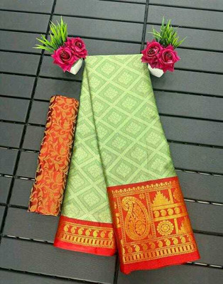 RUHKRUSH Woven Dharmavaram Cotton Silk Saree(Light Green, Red)