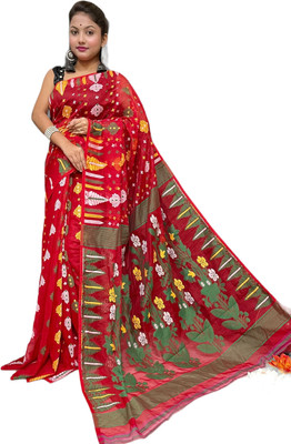 basak creation Woven Jamdani Cotton Blend Saree(Multicolor)