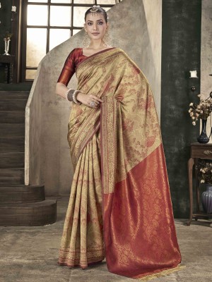 PHEASANT Woven Kanjivaram Pure Silk, Art Silk Saree(Beige)