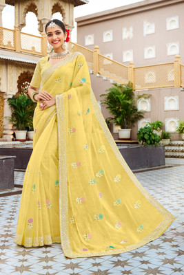 Laxmipati sarees Embroidered Bollywood Organza Saree(Yellow)