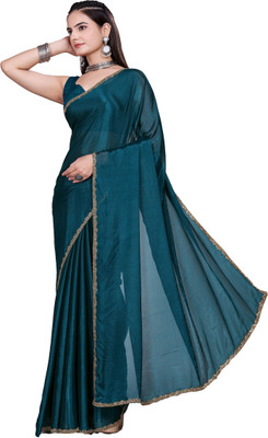 HangerStories Solid/Plain Bollywood Jimmy choo, Chiffon Saree(Blue)