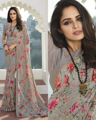 peer store Printed Bollywood Chiffon, Georgette Saree(Grey)