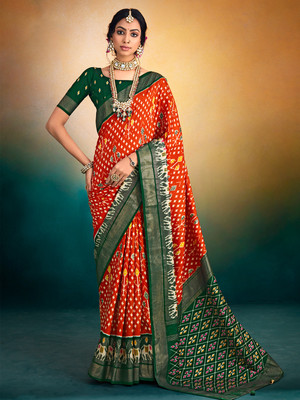 Divastri Printed Patola Silk Blend Saree(Orange)