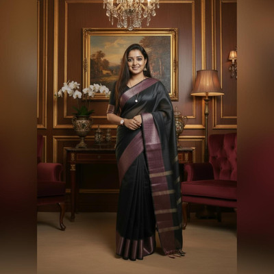 Jyotirai Embroidered, Woven, Striped Daily Wear Khadi Saree(Black)