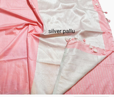 govind handloom Solid/Plain Handloom Linen Saree(Pink)