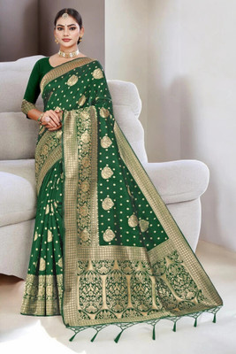 Pikham Self Design Banarasi Art Silk Saree(Dark Green)
