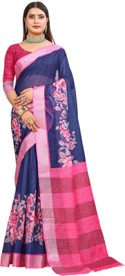 PRTRENDZ Printed Kanjivaram Pure Cotton, Cotton Linen Saree(Dark Blue, Pink)