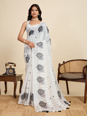 VISVASTA Woven, Self Design, Striped, Dyed, Printed, Embellished Bollywood Linen Saree(Silver)