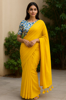 SMRITI BOUTIQUE Solid/Plain Bollywood Handloom Pure Cotton Saree(Yellow)