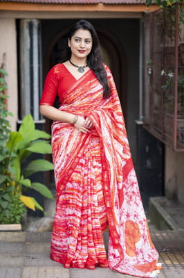 HouseOfCommon Printed Leheria Chanderi, Cotton Silk Saree(White, Red)