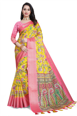 J6 Designers Floral Print Bollywood Cotton Silk Saree(Pink, Yellow)