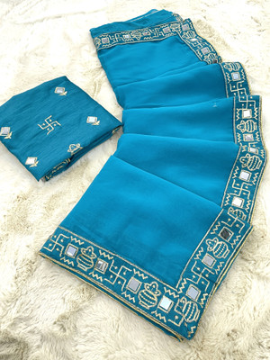 PRETTYAGE Embellished, Solid/Plain Banarasi Georgette Saree(Light Blue)