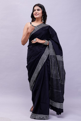RP CREATION Printed Daily Wear Pure Cotton Saree(Black)