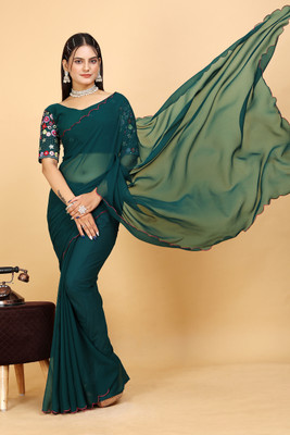 KONICA FAB Solid/Plain Bollywood Georgette Saree(Dark Green)