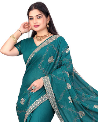 MIYANIFAB Embroidered Bollywood Georgette Saree(Light Blue)
