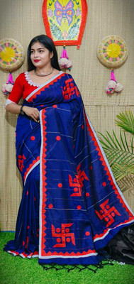 Bong ButiQ Woven Handloom Pure Cotton Saree(Blue, Red)