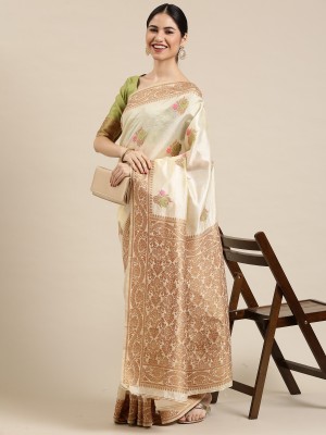 Sareemall Woven Kasavu Silk Blend Saree(Cream)