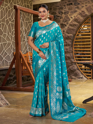 Varanga Printed Banarasi Silk Blend Saree(Blue)