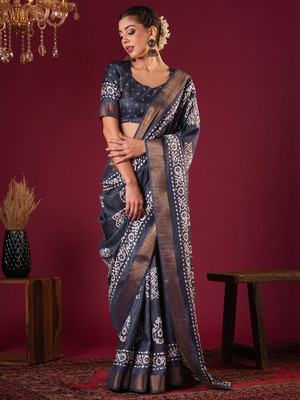 ANOUK Printed Chinnalapattu Silk Blend Saree(Grey)