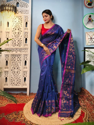 pushpafashio Woven Handloom Cotton Silk Saree(Blue)