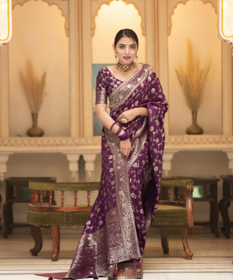 Kuvarba fashion Self Design Kanjivaram Pure Silk, Art Silk Saree(Purple)