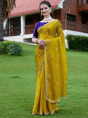 HouseOfCommon Solid/Plain Bollywood Chiffon, Pure Silk Saree(Dark Blue)