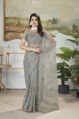Tasrika Floral Print Daily Wear Net Saree(Grey)