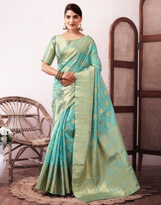 Divastri Woven, Embellished, Self Design Banarasi Organza, Jacquard Saree(Light Blue, Gold)