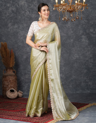Satrani Dyed, Embellished Bollywood Jimmy choo, Chiffon Saree(Green)