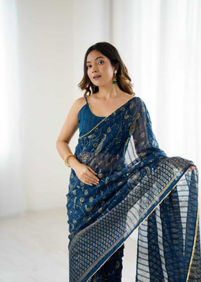 FashionZonee Embellished Leheria Georgette Saree(Blue)
