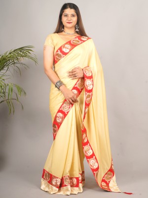 RANI SAHIBA Self Design Bollywood Silk Blend Saree(Cream, Red)