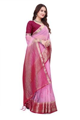 Aarunika SST Solid/Plain Bollywood Organza Saree(Pink)