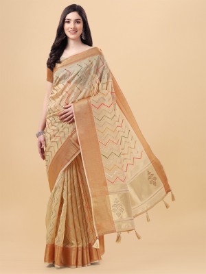 RekhaManiyar Striped Banarasi Cotton Silk Saree(Beige)