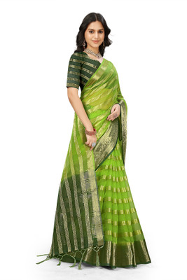 Aarunika IC Striped Bollywood Organza Saree(Light Green)