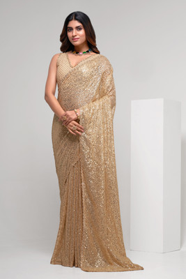 DIVINE INTERNATIONAL TRADING CO Embroidered Bollywood Georgette Saree(Beige)