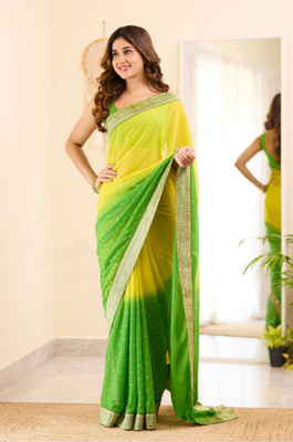 A To Z Cart Self Design Bollywood Georgette Saree(Yellow, Green)