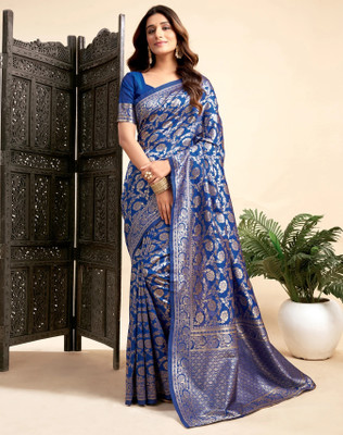 SATQ Woven, Floral Print, Geometric Print, Temple Border Kanjivaram Cotton Silk, Jacquard Saree(Blue)