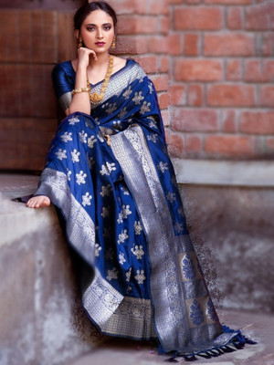 Sareemall Printed Banarasi Silk Blend Saree(Blue)