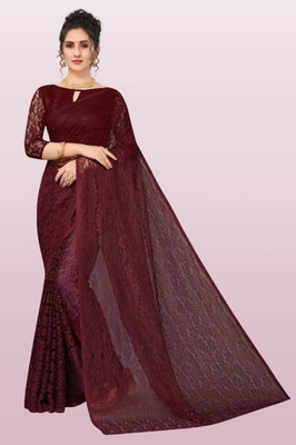 Vragi Floral Print Bollywood Net Saree(Pack of 2, Maroon)