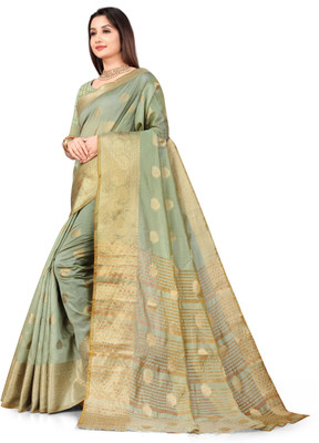 Hare Krishna Printed, Temple Border, Woven, Embellished, Solid/Plain Banarasi Cotton Silk, Art Silk Saree(Light Green)