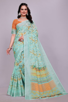 HIYAMI Printed Bollywood Cotton Linen Saree(Green)