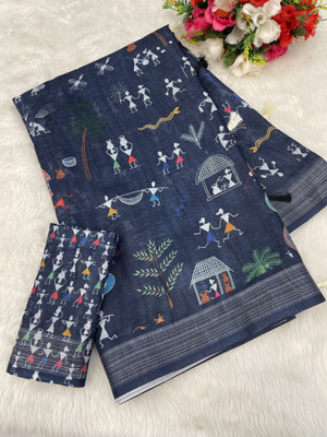 SJY Printed Assam Silk Linen Saree(Pack of 3, Multicolor)