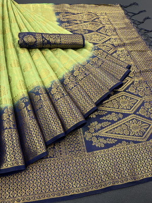 Rupatika Woven Kanjivaram Pure Silk, Cotton Silk Saree(Dark Blue, Light Green)