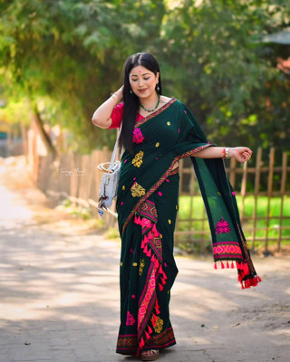 Mugaara Woven Mekhela Chador Cotton Silk Saree(Green)