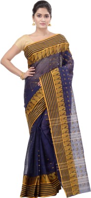 DipDiya Striped Tant Pure Cotton Saree(Dark Blue)