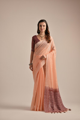 PeachPetals Woven, Self Design Banarasi Cotton Silk Saree(Orange)