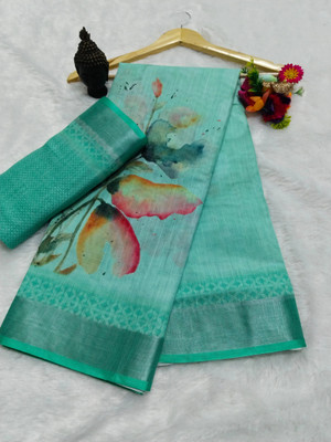 Gajal Digital Print Bollywood Linen, Cotton Linen Saree(Light Blue)